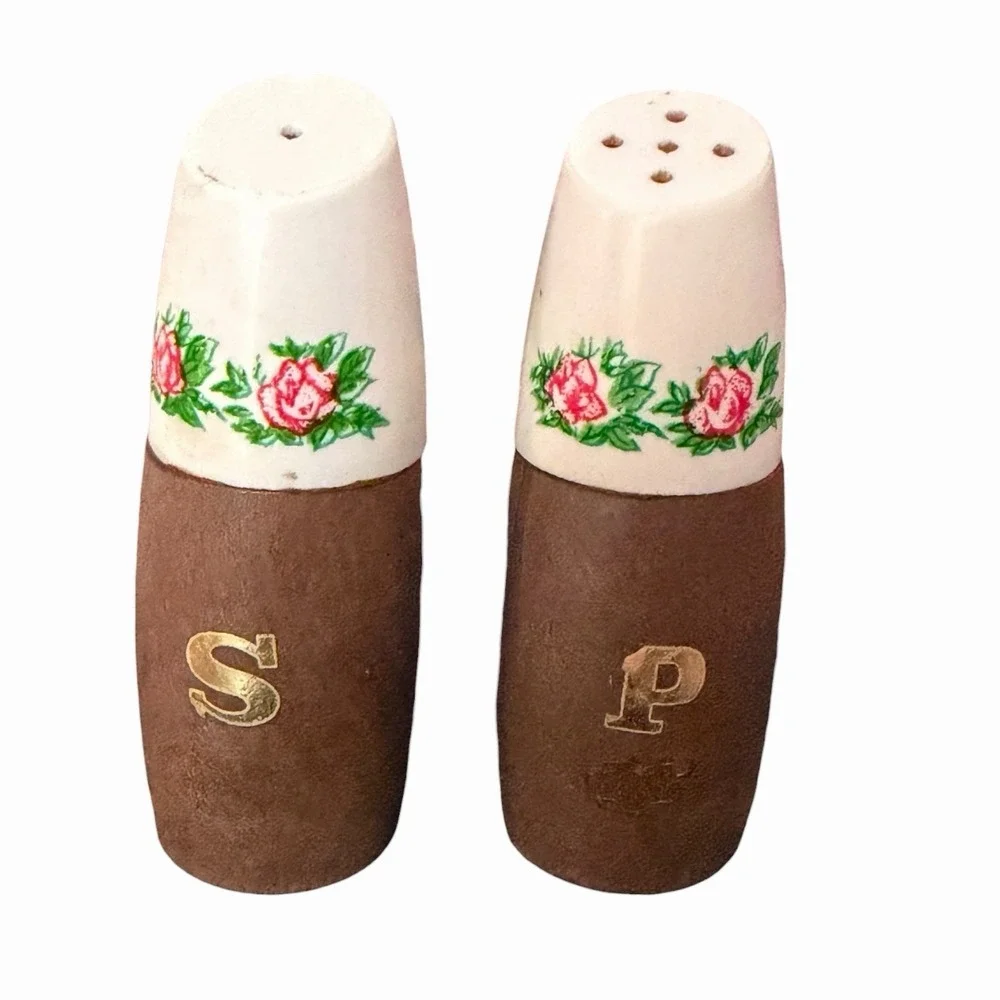 VTG Wood And Porcelain Salt Pepper Shaker Set With Floral Design MCM & Cottage